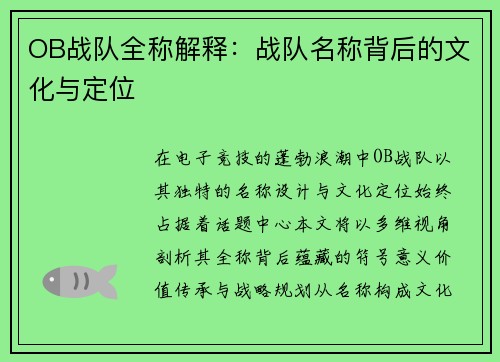 OB战队全称解释：战队名称背后的文化与定位
