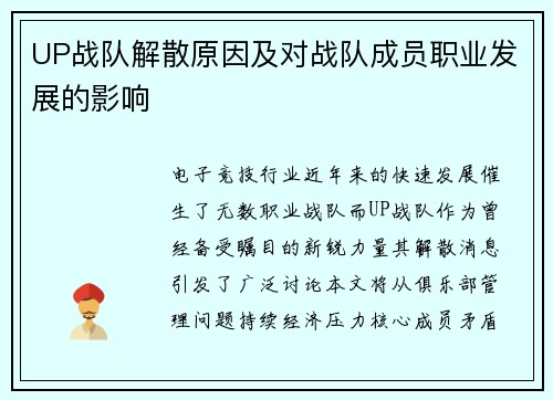 UP战队解散原因及对战队成员职业发展的影响