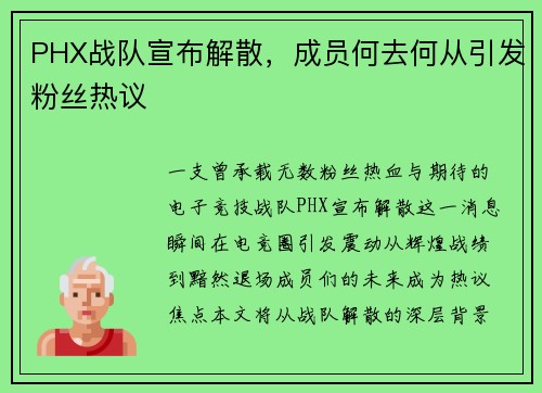 PHX战队宣布解散，成员何去何从引发粉丝热议