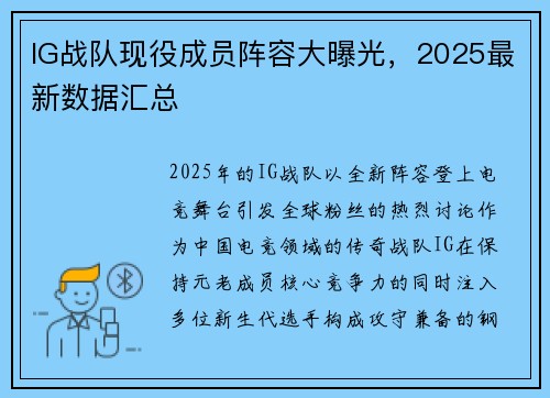 IG战队现役成员阵容大曝光，2025最新数据汇总